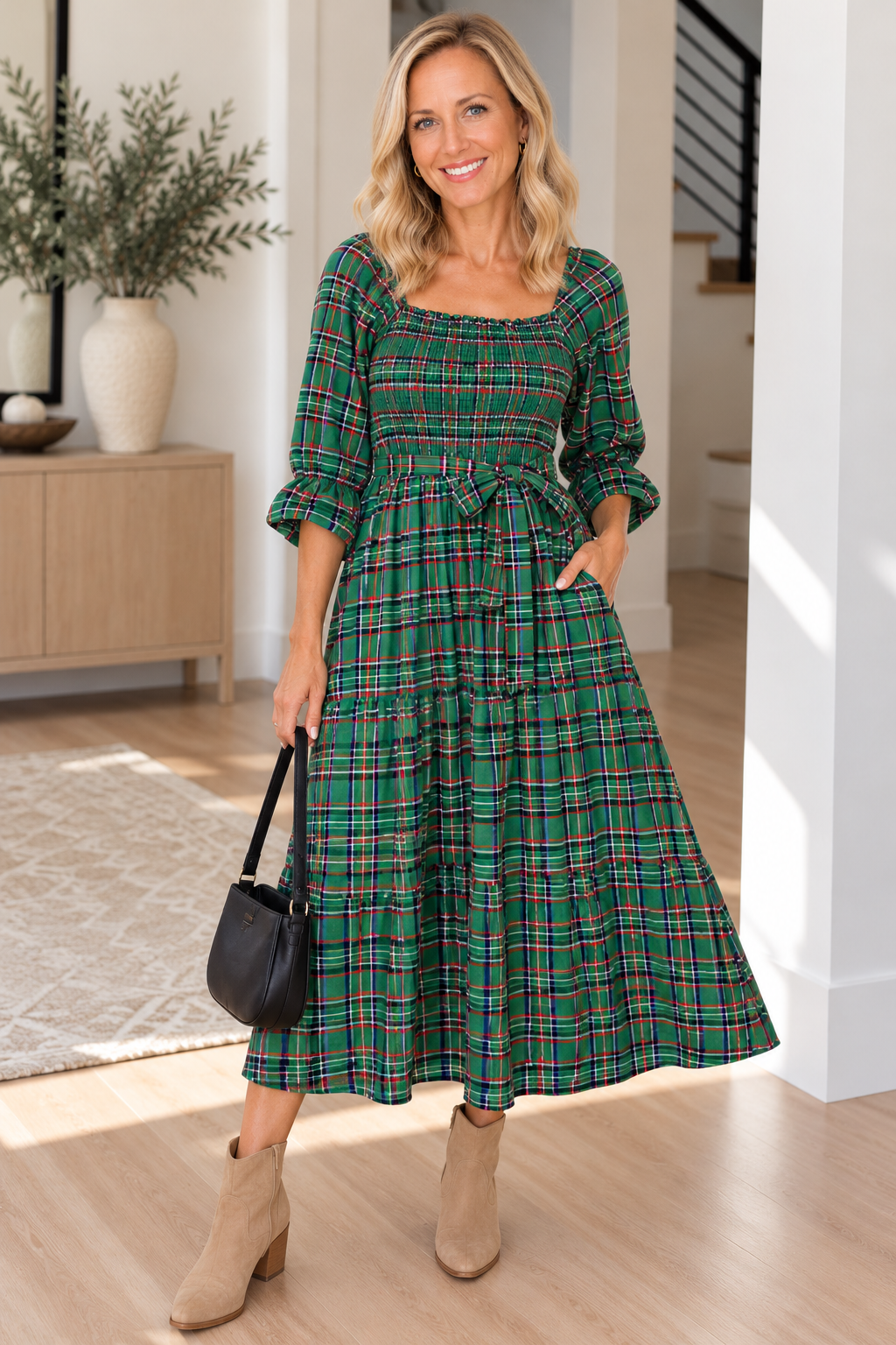Plaid Square Neck Puff Sleeve Knot Waist Flared Midi Dress – CoLab Threads
