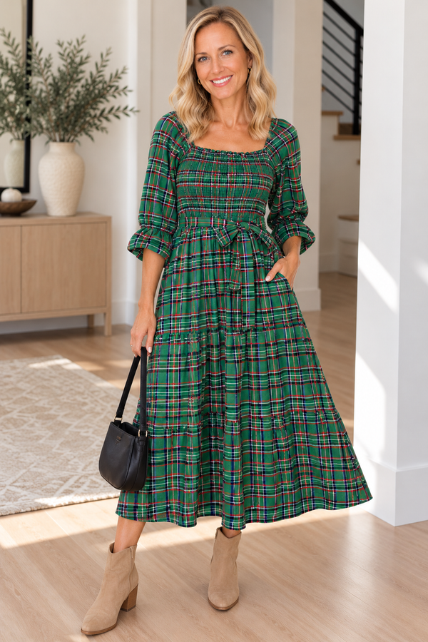 Plaid Square Neck Puff Sleeve Knot Waist Flared Midi Dress – CoLab Threads
