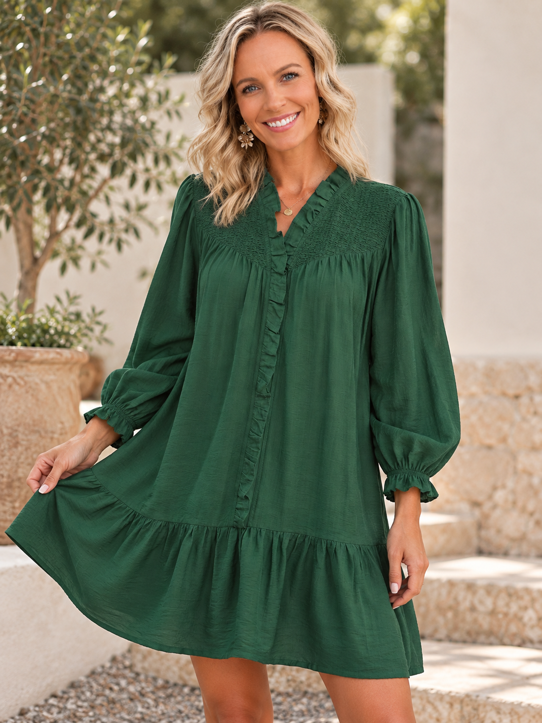 Hunter Green Smocked Ruffle Mini Dress