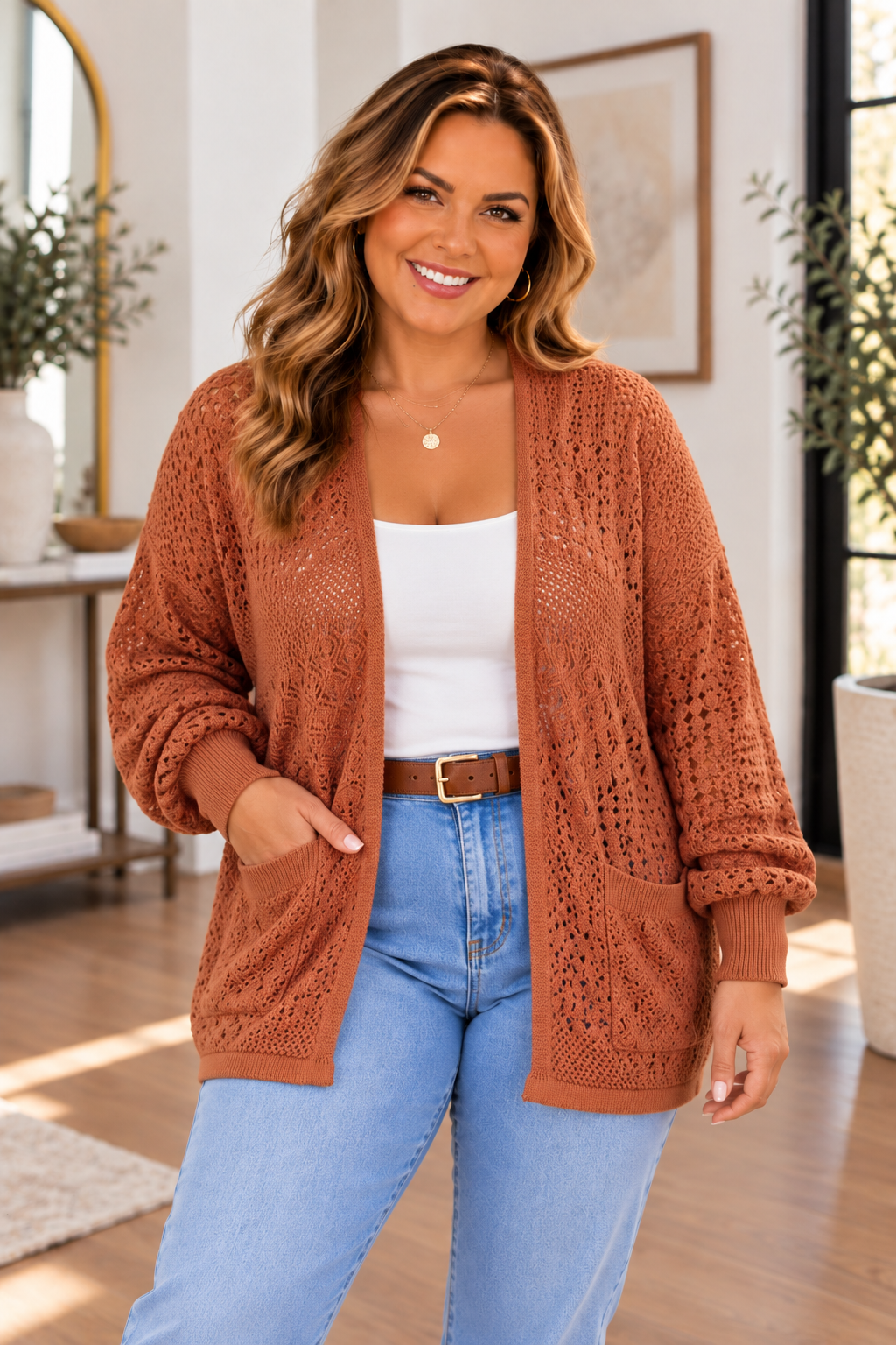 Mixed Knit Open Front Cardigan
