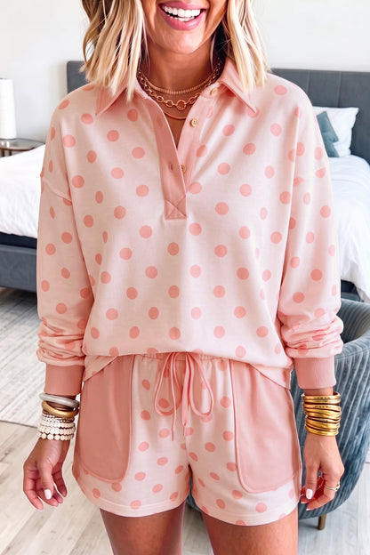 Khaki Polka Dot Drop Shoulder Polo Loose Pullover Patch Pocket Casual Shorts Set