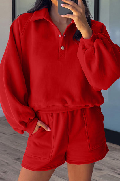 Dark Blue Half Button Puff Sleeve Relaxed Pullover and Shorts 2pcs Outfit