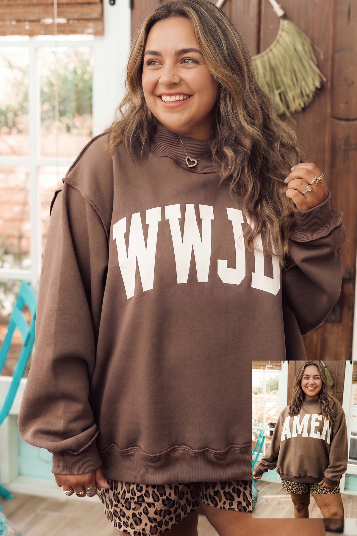 Double-Sided Graphic Mock Neck Tunic Sweatshirt