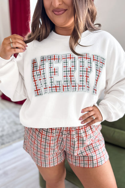 Multicolour MERRY Plaid Letter Print Long Sleeve Plus Size Top
