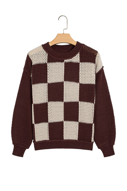Checkered Drop Shoulder Knit Sweater