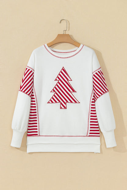 White Striped Contrast Christmas Tree Patchwork Puff Sleeve Top