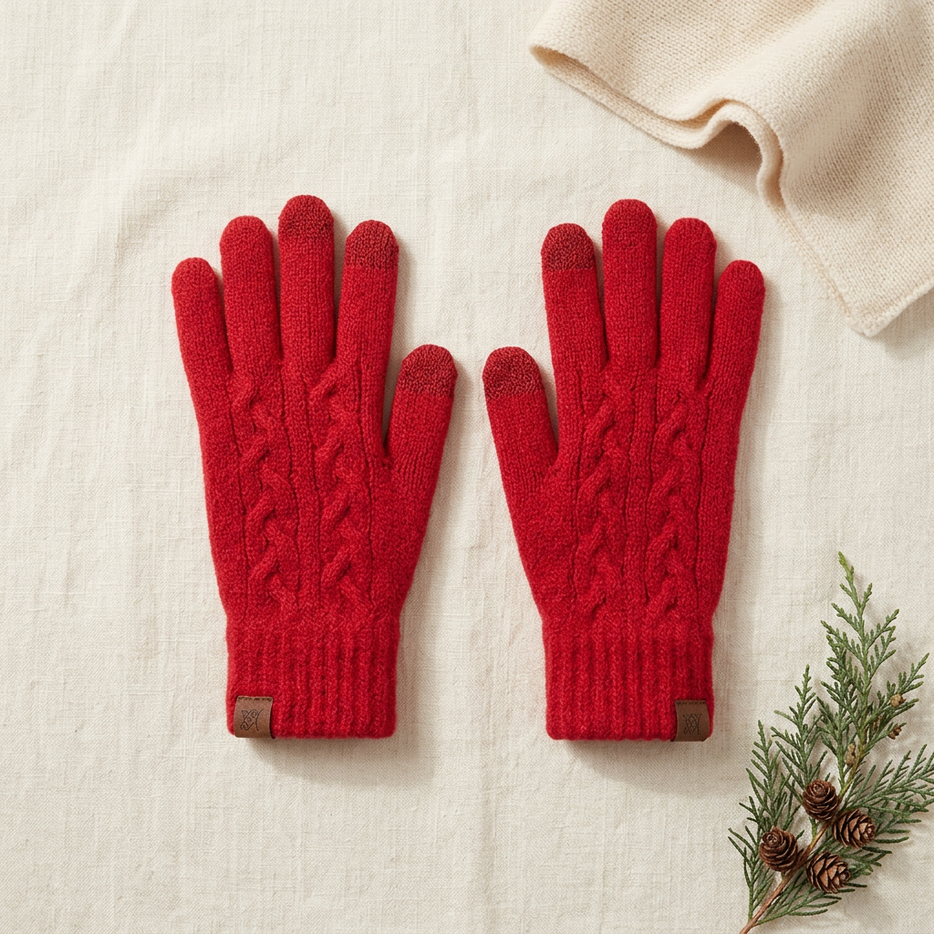 Red cable-knit gloves flat lay