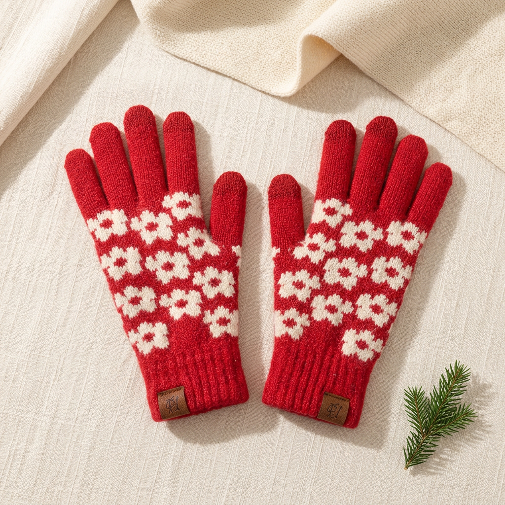 Red floral gloves flat lay