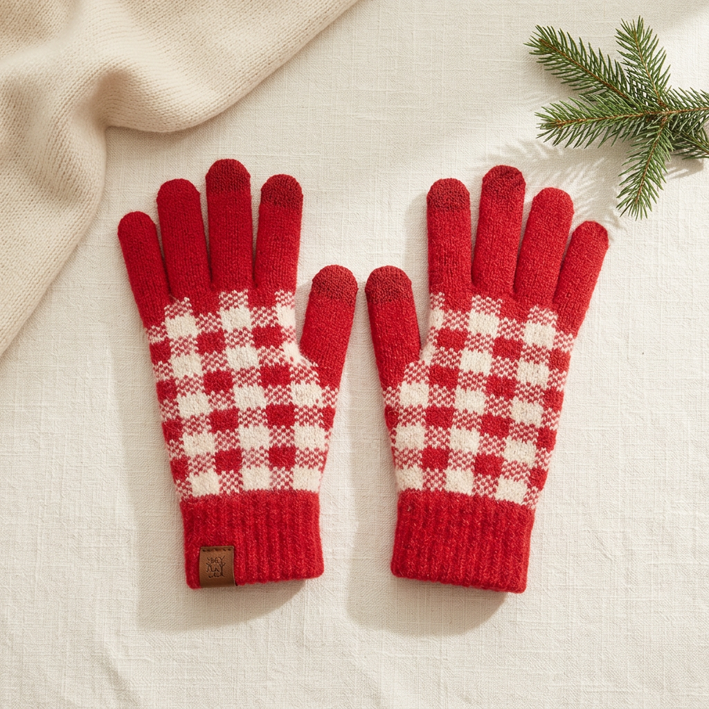 Red gingham gloves flat lay