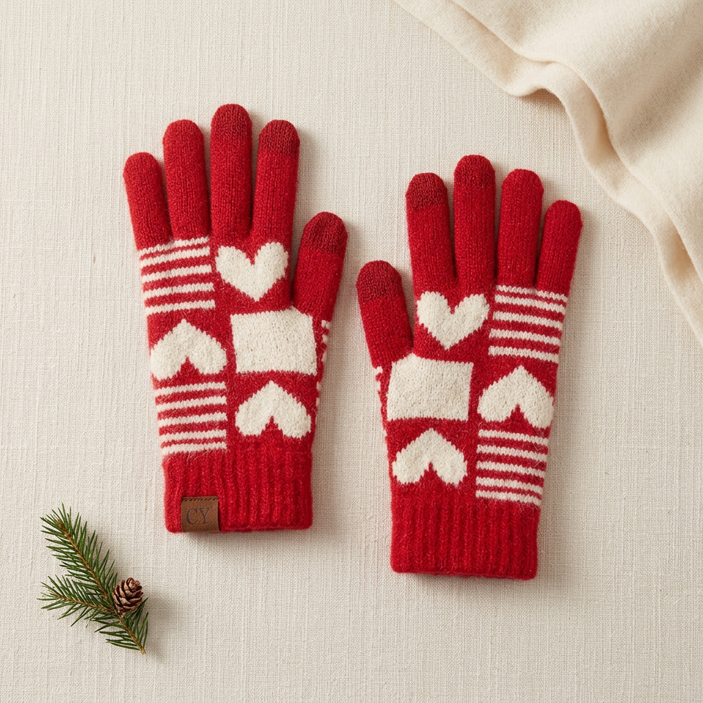 Red heart-and-stripe gloves flat lay