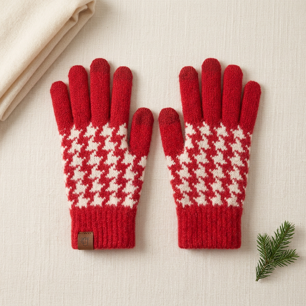 Red houndstooth gloves flat lay