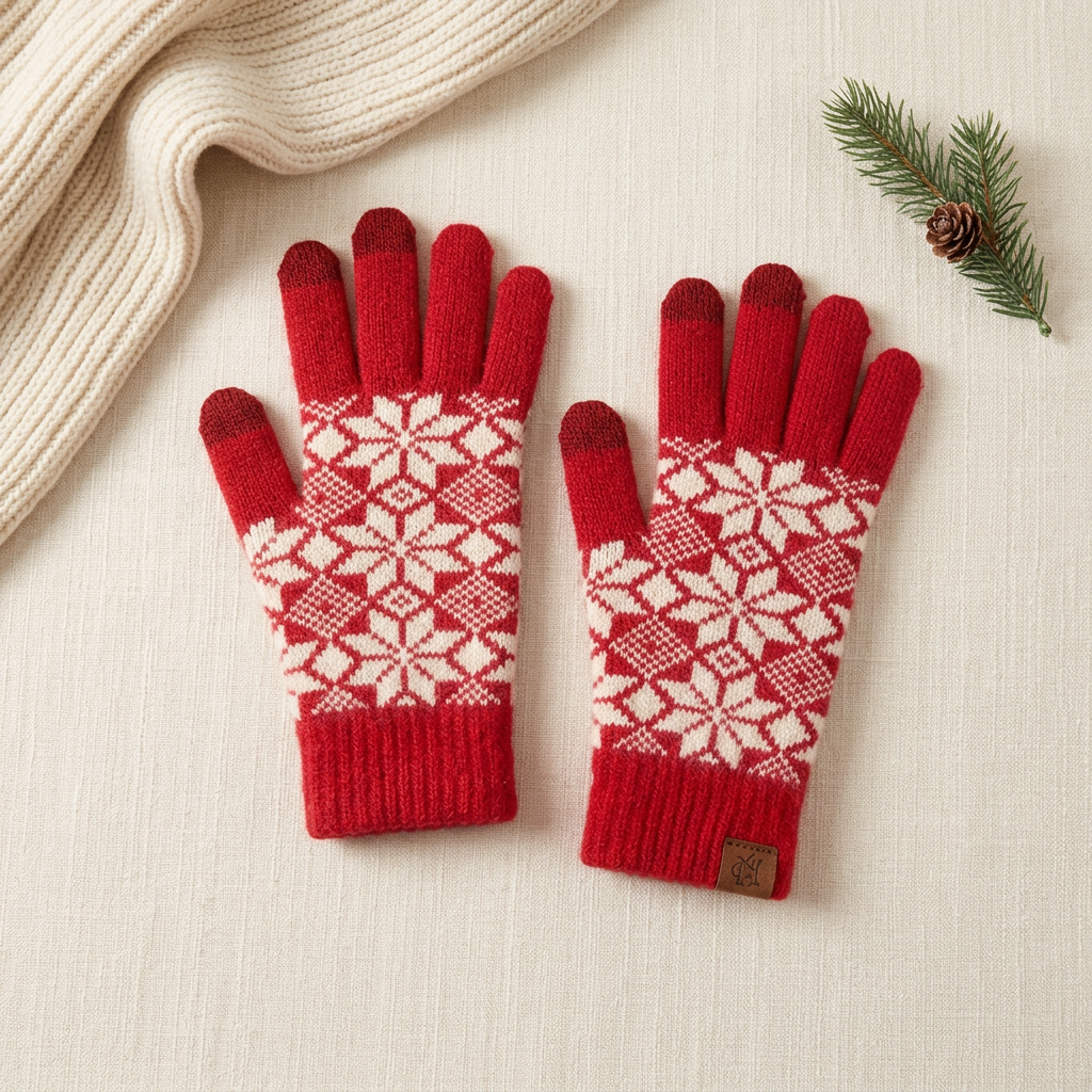 Red snowflake gloves flat lay